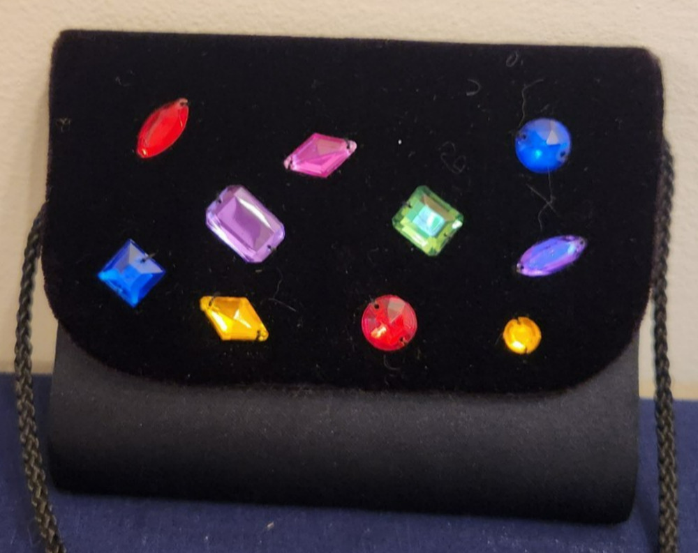 Black Evening Bag W/ Bright Colored Stones Velvet Front inside pocket NEW